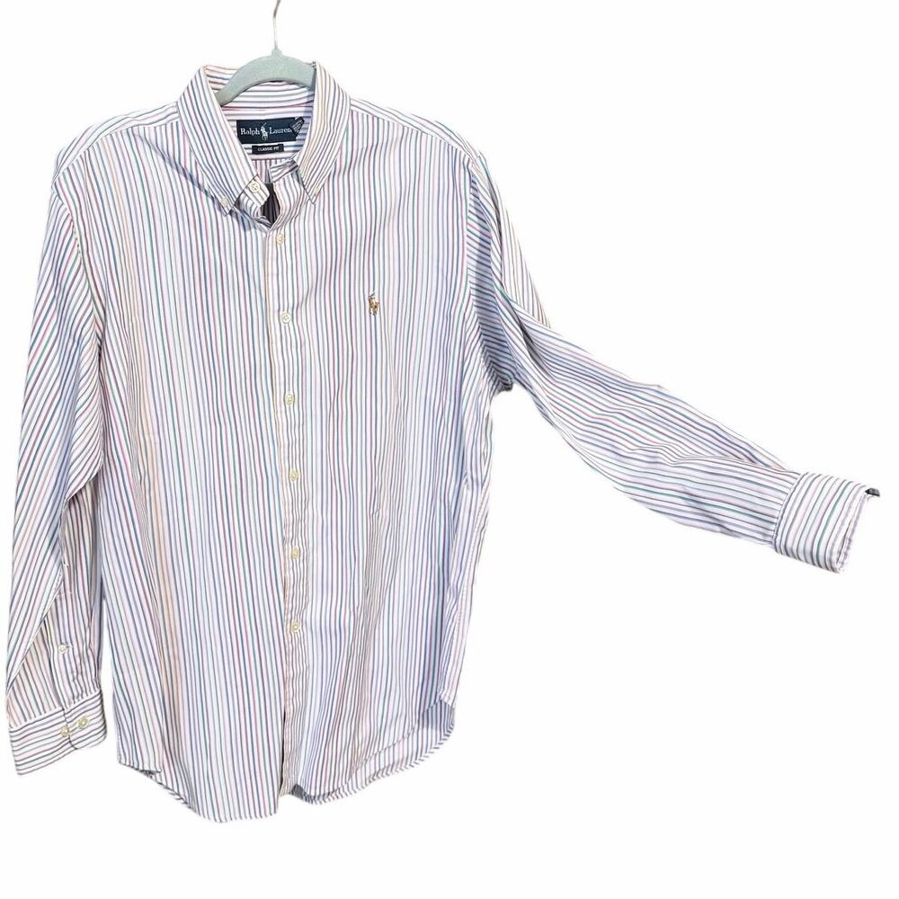Vintage Ralph Lauren rainbow multicolor stripe button front shirt classic fit 16